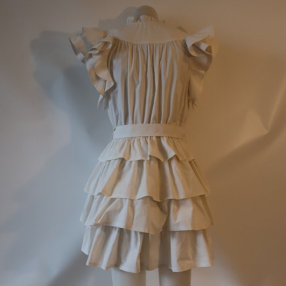 Womens Ulla Johnson Honoria White Ruffle Tiered Mini Split Neck Belted Dress 10* - Picture 12 of 16